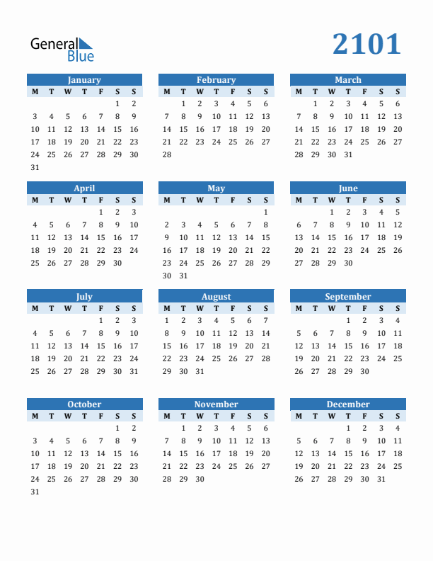 2101 Year Calendar with Monday Start