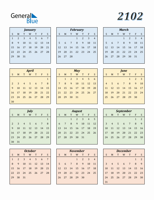 Calendar for 2102 (Sunday Start)