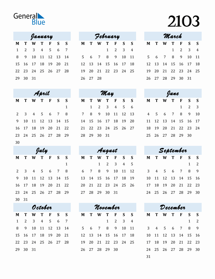 Free Downloadable Calendar for Year 2103