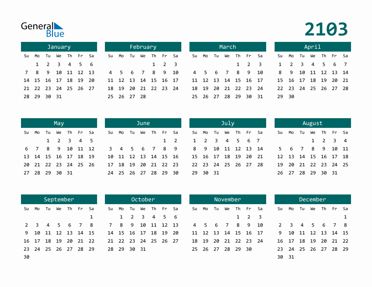 2103 Full-Year Calendar