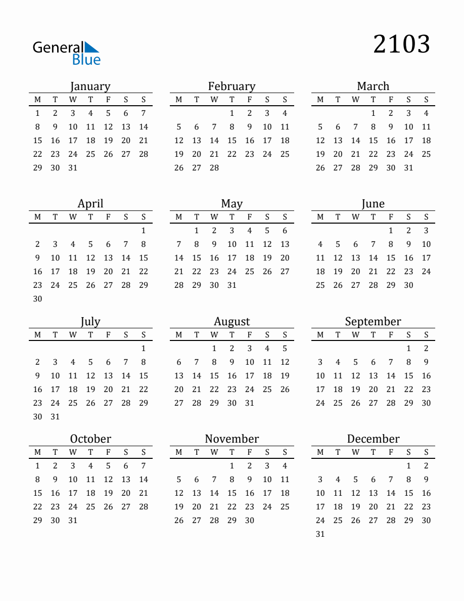 Year 2103 Free Printable 12-Month Calendar