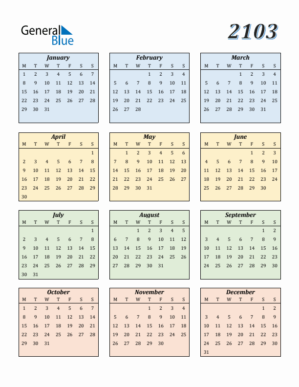 Calendar for 2103 (Monday Start)