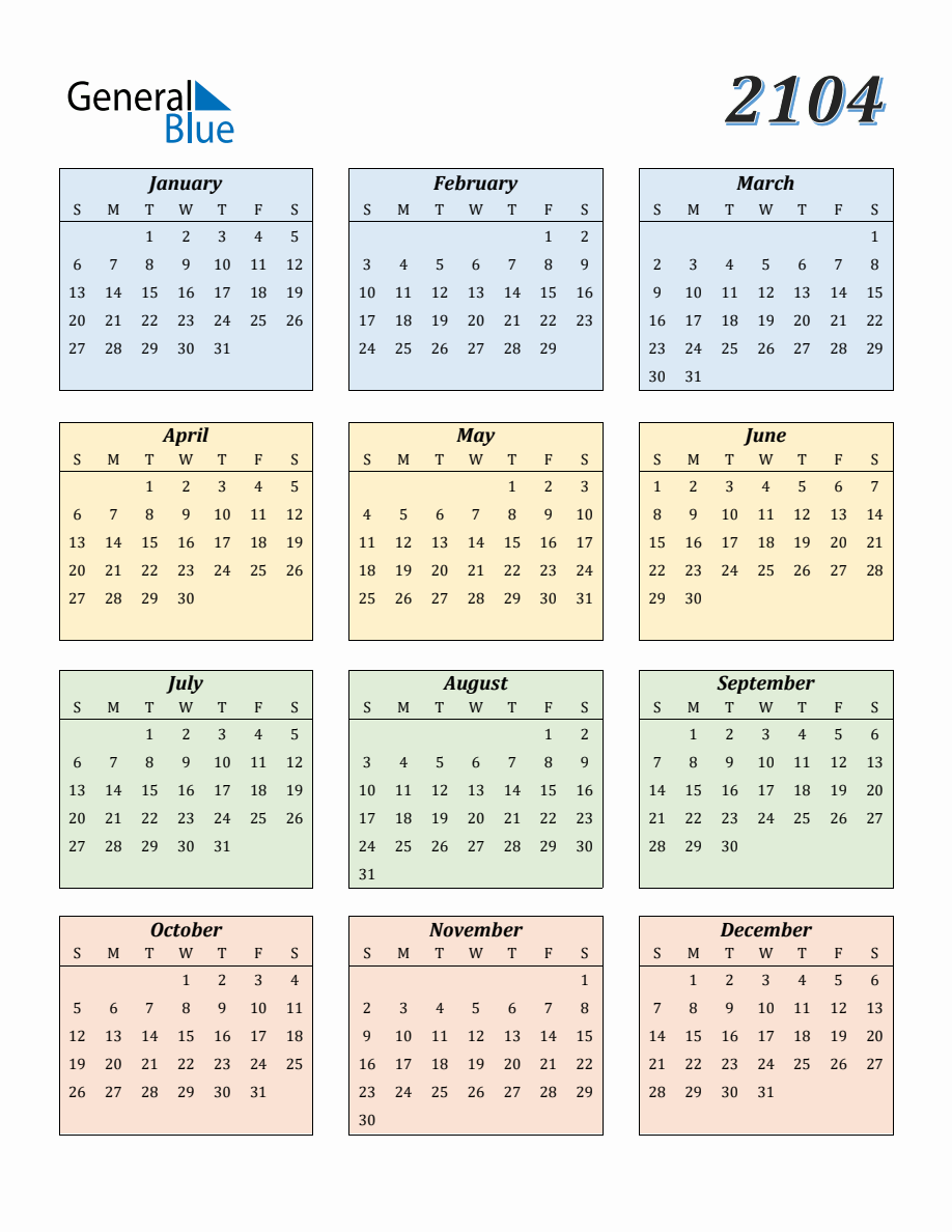 Calendar for Year 2104