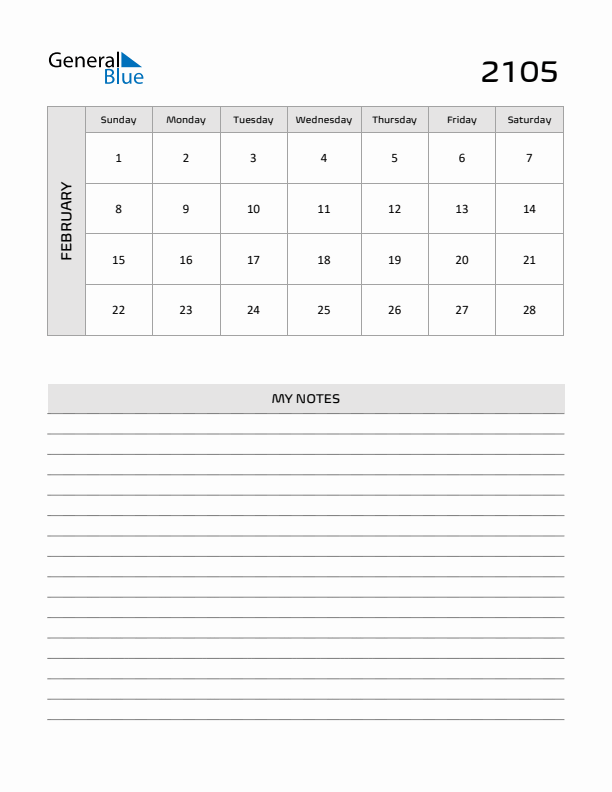 February 2105 Calendar Printable