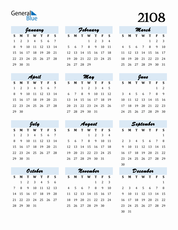Calendar 2108 Free Download and Print
