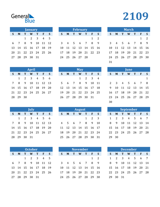 2109 Calendar (PDF, Word, Excel)