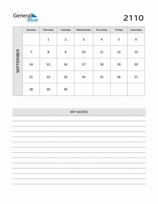 September 2110 Calendar Printable