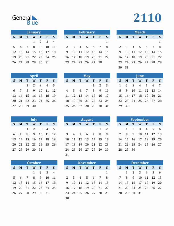 2110 Year Calendar with Sunday Start