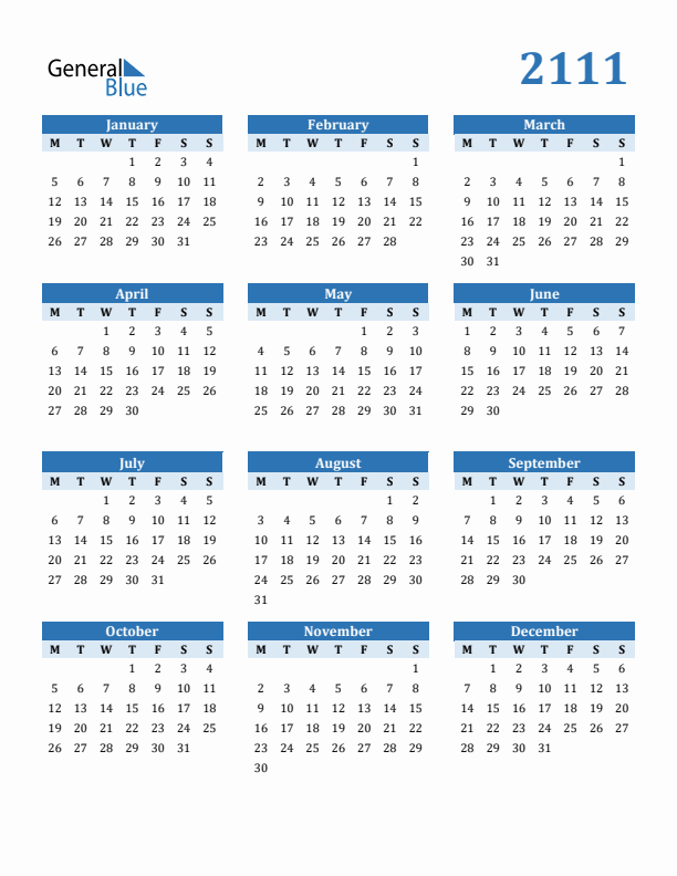 2111 Year Calendar with Monday Start