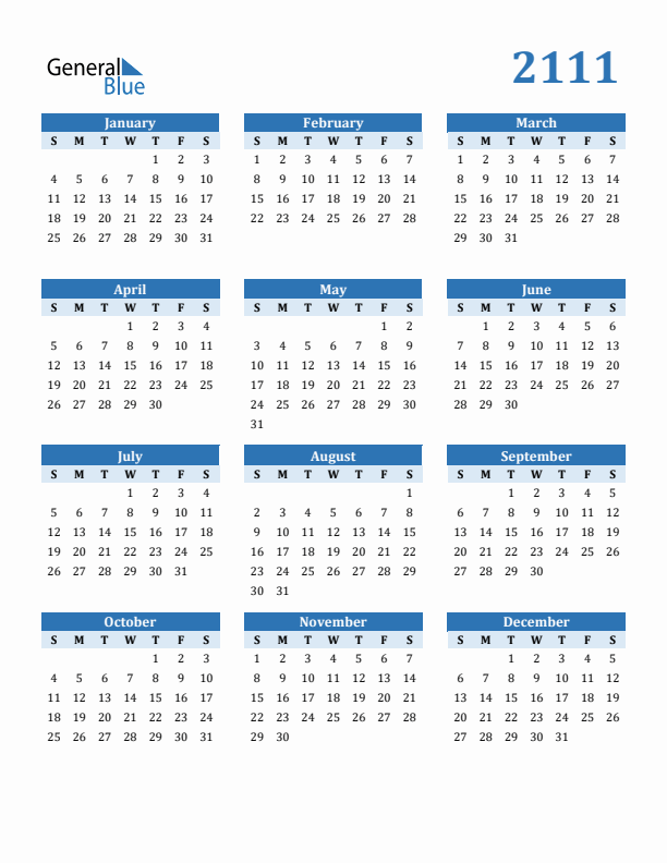 2111 Year Calendar with Sunday Start