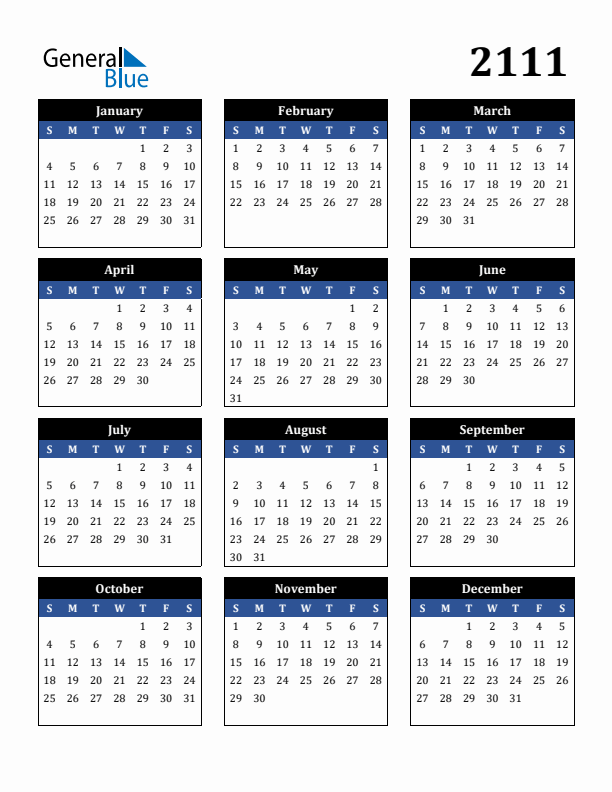 Editable Calendar 2111 - Sunday Start
