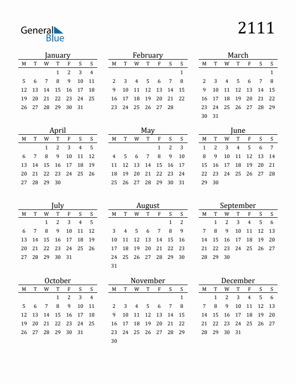Free Printable Calendar 2111 with Monday Start