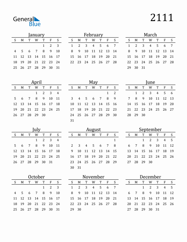 Free Printable Calendar 2111 with Sunday Start