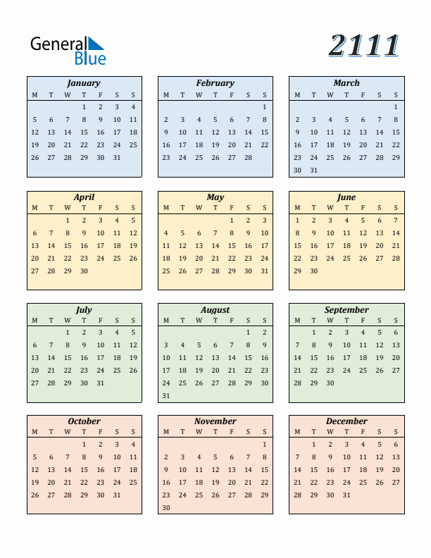 Calendar for 2111 (Monday Start)