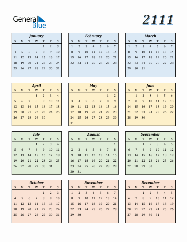 Calendar for 2111 (Sunday Start)