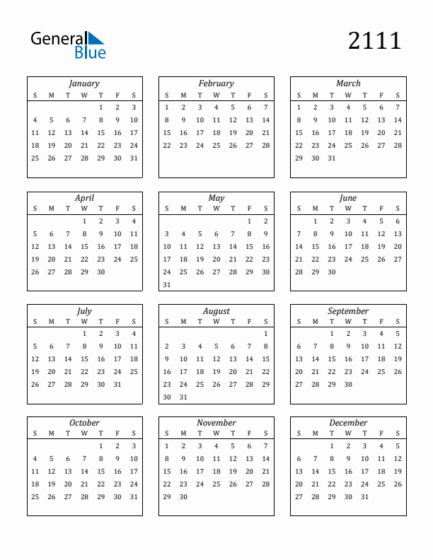 Blank Calendar 2111