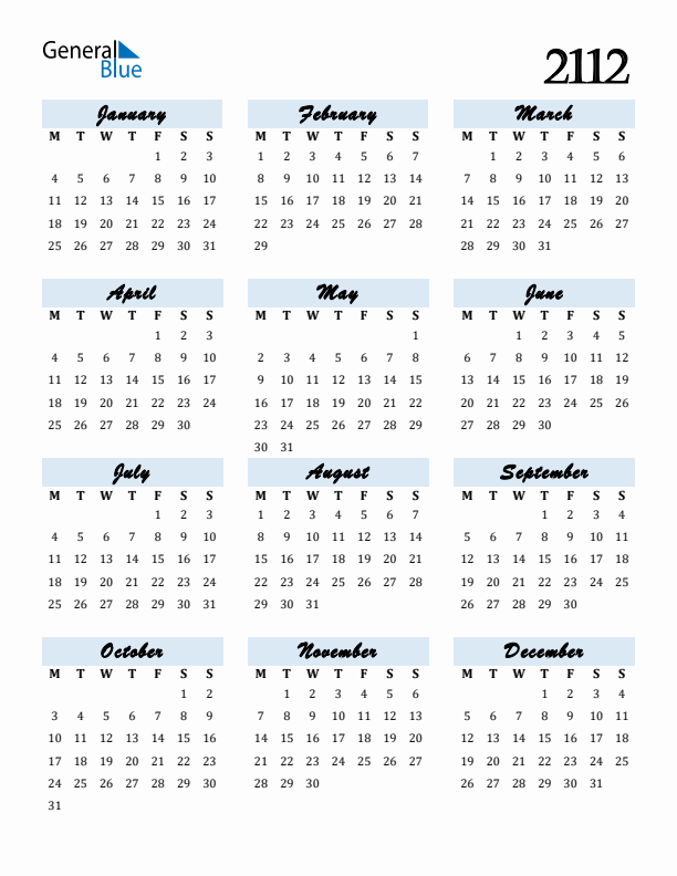 Calendar 2112 Free Download and Print