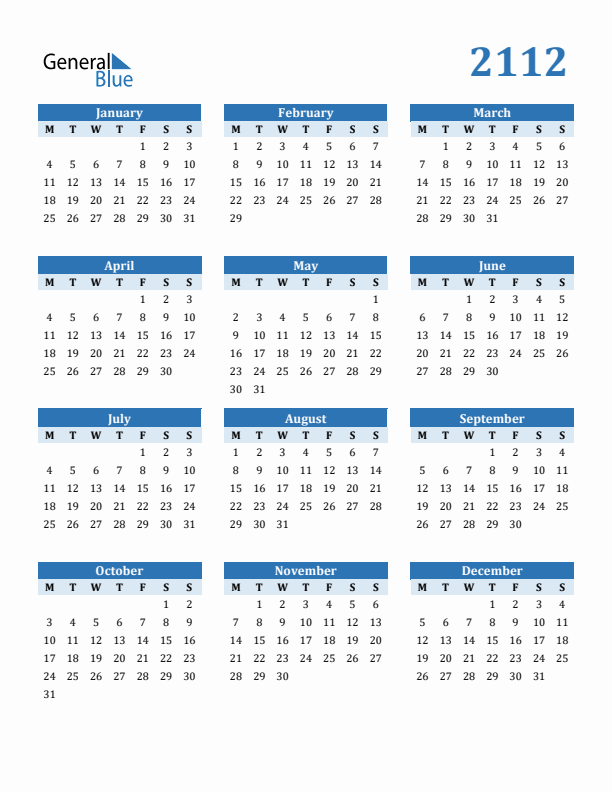 2112 Year Calendar with Monday Start