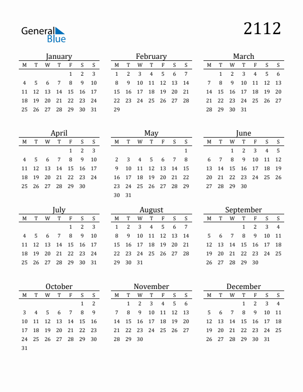 Free Printable Calendar 2112 with Monday Start