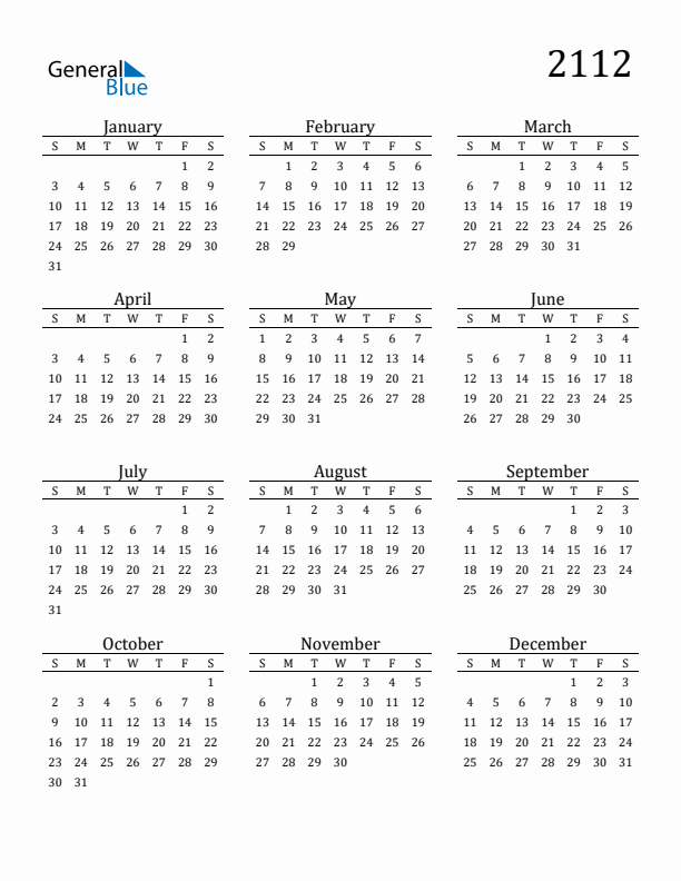 Free Printable Calendar 2112 with Sunday Start