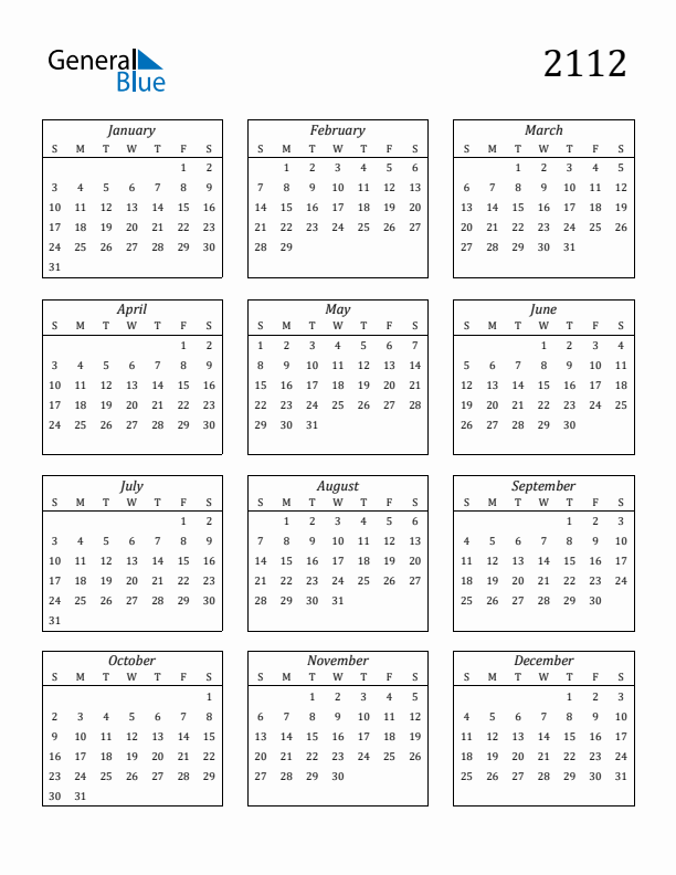 Blank Calendar 2112