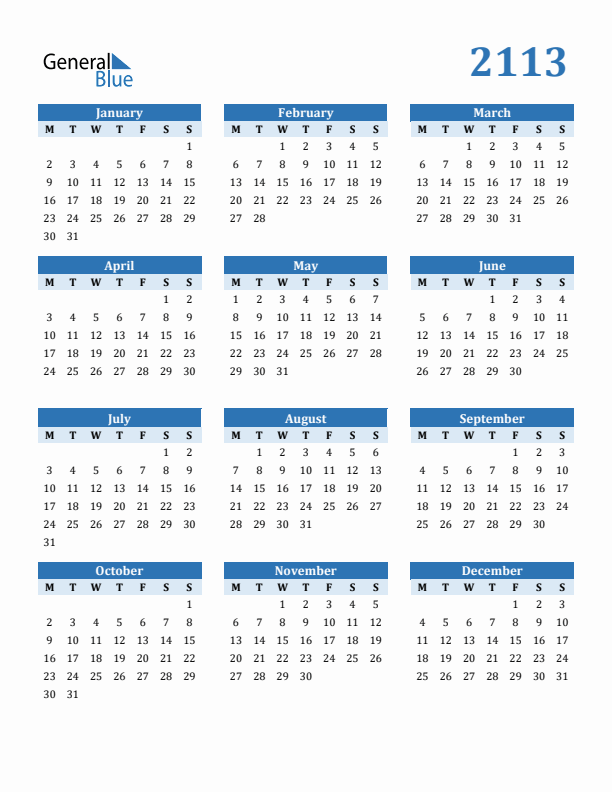 2113 Year Calendar with Monday Start