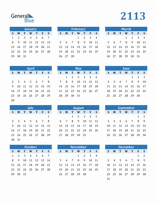 2113 Year Calendar with Sunday Start
