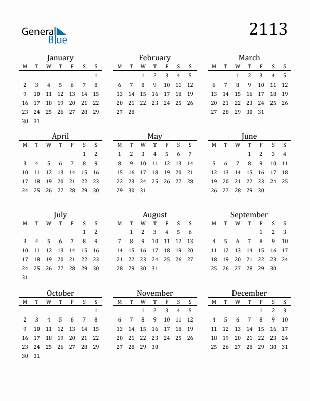 Free Printable Calendar 2113 with Monday Start