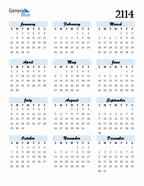 Calendar 2114 Free Download and Print