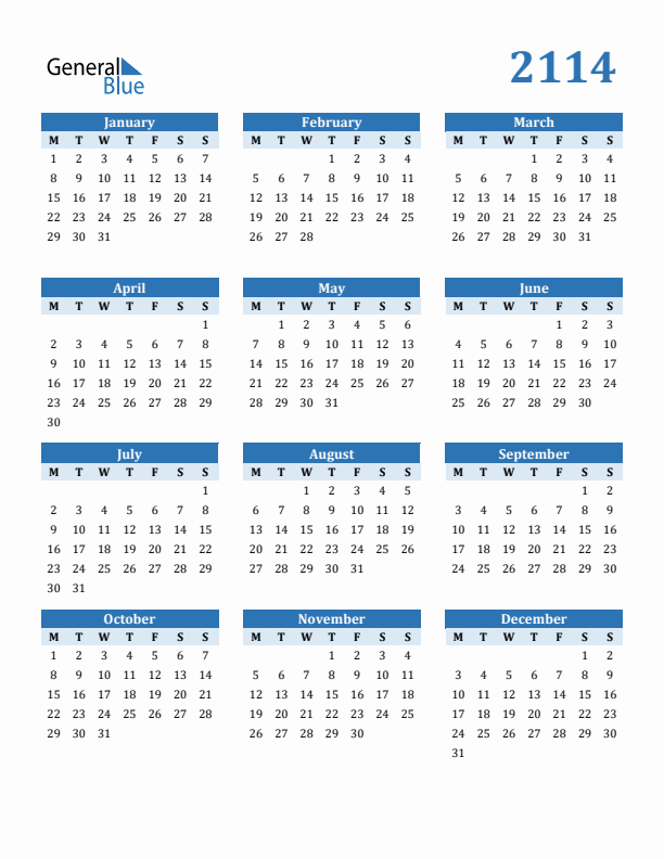 2114 Year Calendar with Monday Start