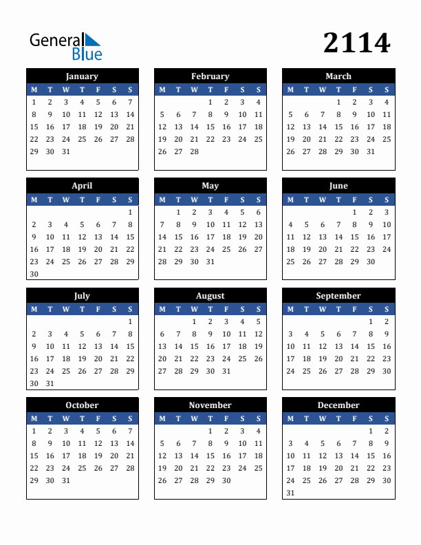 Editable Calendar 2114 - Monday Start