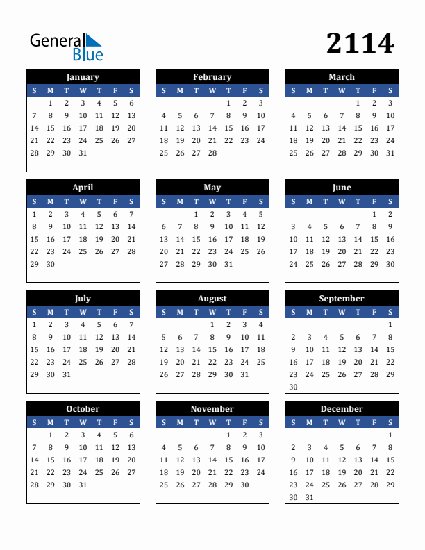 Editable Calendar 2114 - Sunday Start