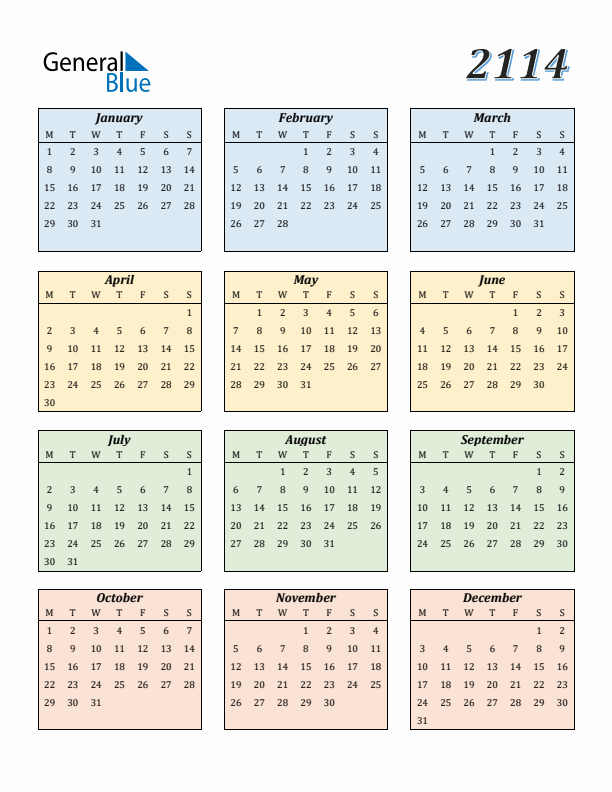 Calendar for 2114 (Monday Start)