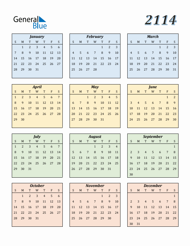 Calendar for 2114 (Sunday Start)