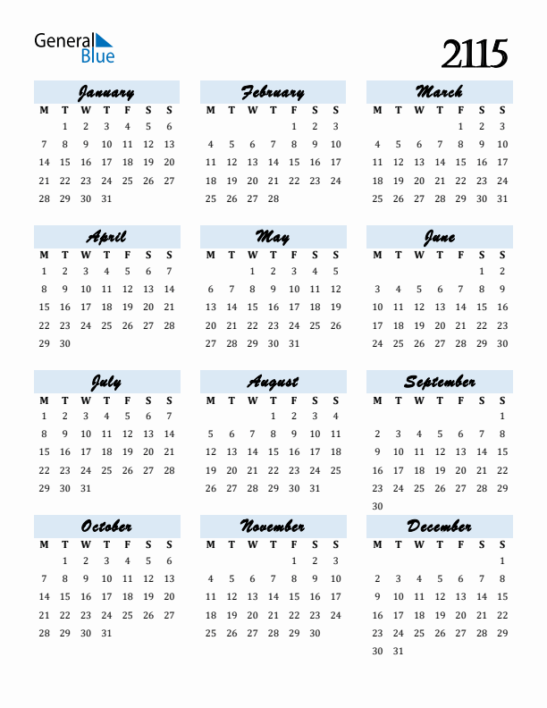 Calendar 2115 Free Download and Print