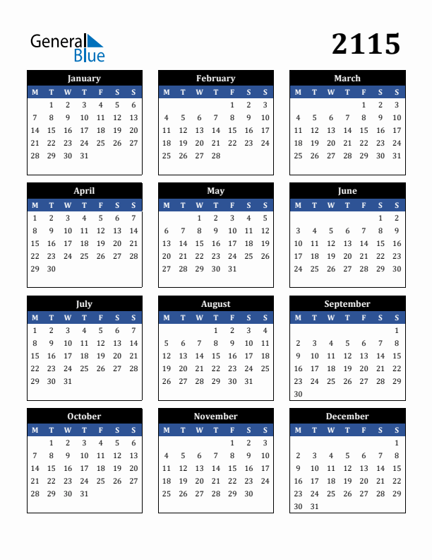 Editable Calendar 2115 - Monday Start