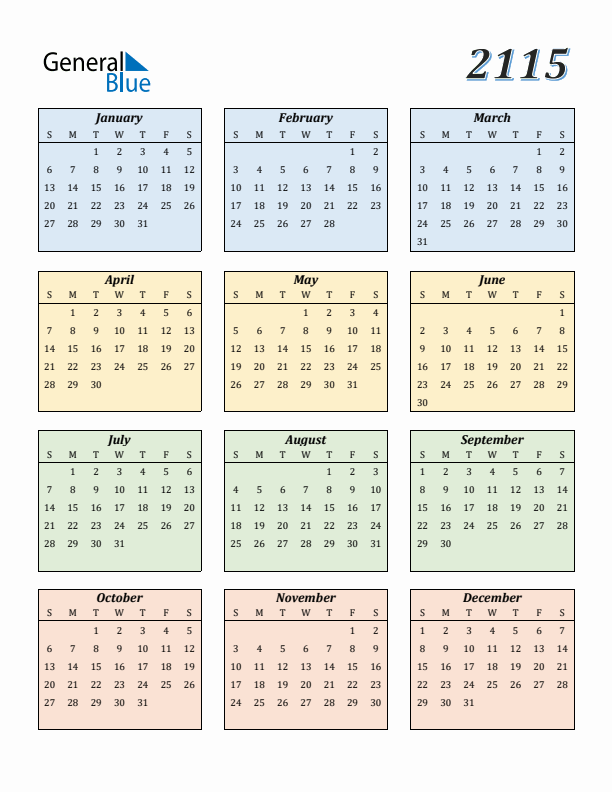 Calendar for 2115 (Sunday Start)