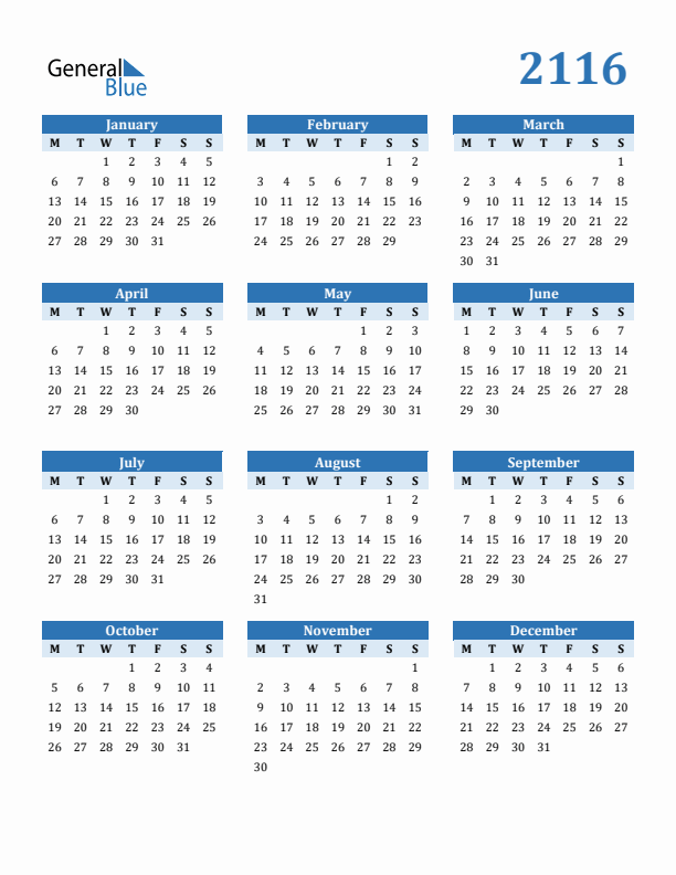 2116 Year Calendar with Monday Start