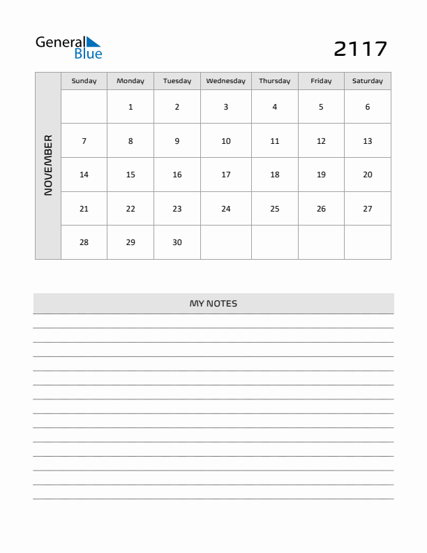 November 2117 Calendar Printable