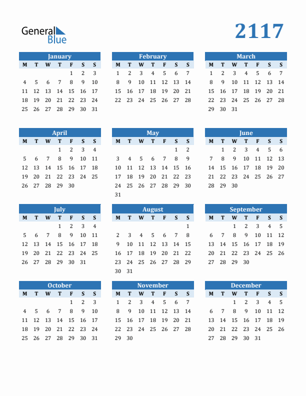 2117 Year Calendar with Monday Start