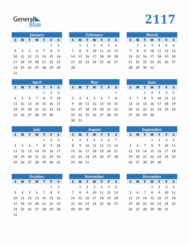 2117 Year Calendar with Sunday Start