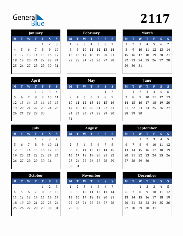 Editable Calendar 2117 - Monday Start