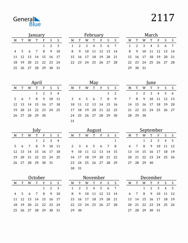 Free Printable Calendar 2117 with Monday Start