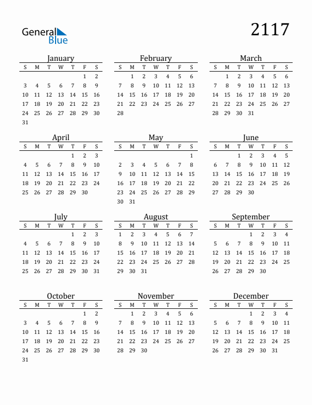 Free Printable Calendar 2117 with Sunday Start