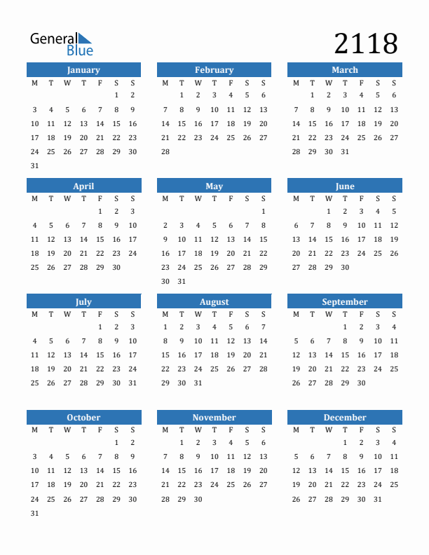 2118 Calendar