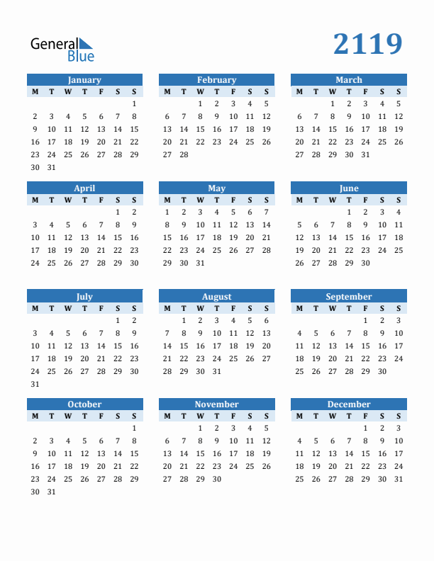 2119 Year Calendar with Monday Start