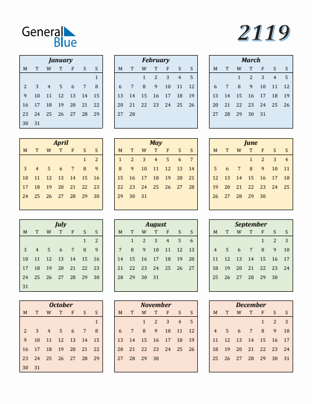 Calendar for 2119 (Monday Start)