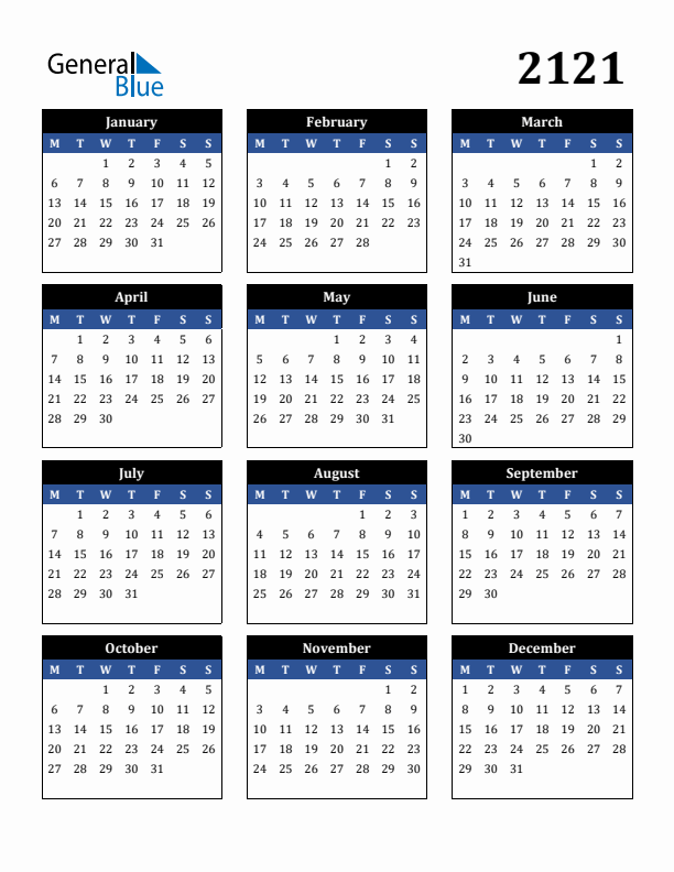 Editable Calendar 2121 - Monday Start