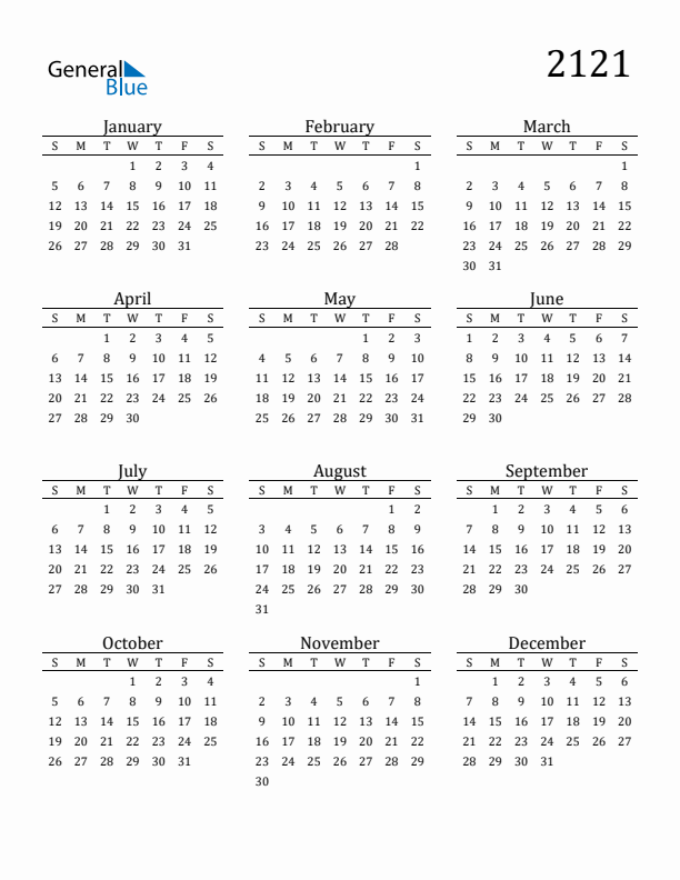 Free Printable Calendar 2121 with Sunday Start