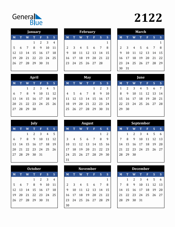 Editable Calendar 2122 - Monday Start